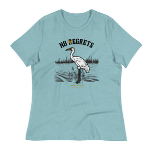 Light heather blue women's  bird shirt featuring a play on the "No Regrets" tattoo that has the "R" crossed out to say "No Egrets" with a Whooping Crane below in a wetland setting.