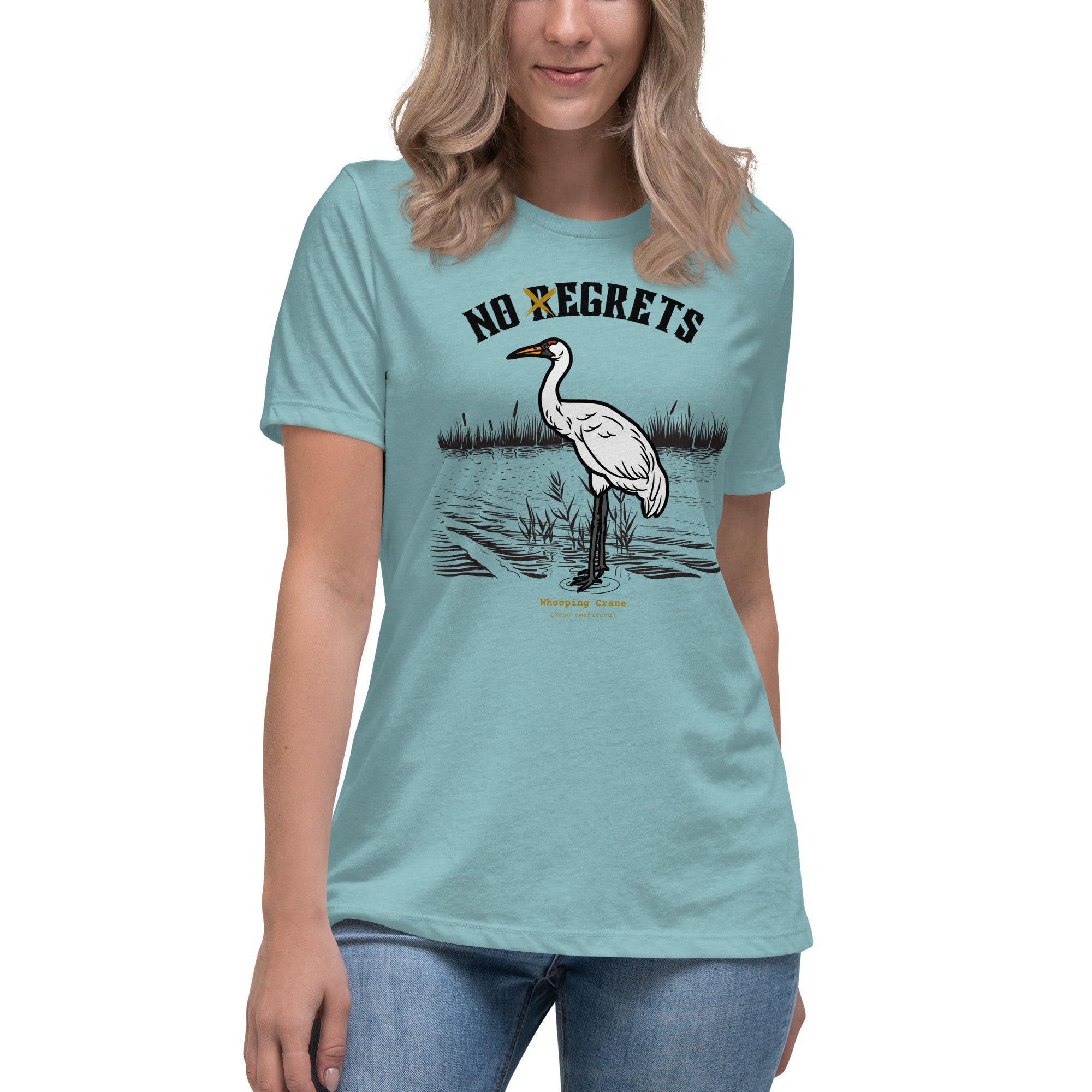 Light heather blue women's  bird shirt featuring a play on the "No Regrets" tattoo that has the "R" crossed out to say "No Egrets" with a Whooping Crane below in a wetland setting.