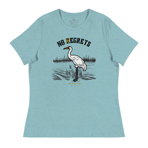 Light heather blue women's  bird shirt featuring a play on the "No Regrets" tattoo that has the "R" crossed out to say "No Egrets" with a Whooping Crane below in a wetland setting.