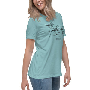 Light heather blue bird shirt featuring an illustration of a three sanderlings on a beach and the common and scientific names for the bird underneath.