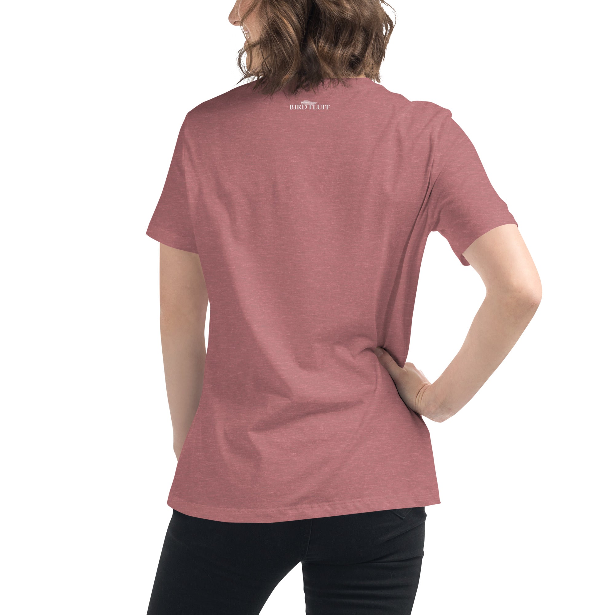 Mauve women's bird t-shirt celebrating bird watching and coffee with a graphic of binoculars, a bird, and a travel cup of coffee.  Rear of shirt with small brand logo near collar.