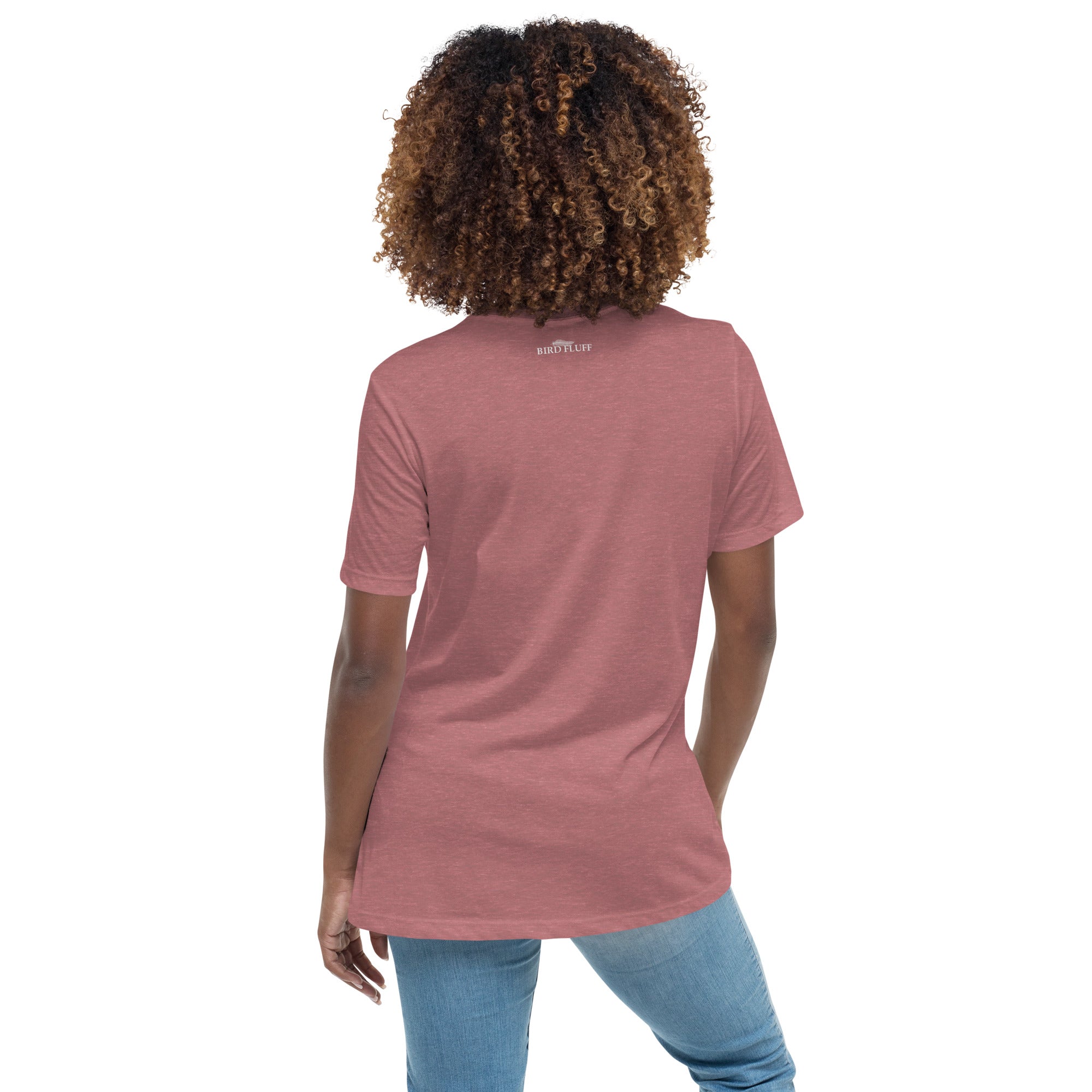 Heather mauve women's birding t-shirt with the words Love birds and a graphic of a bird on a branch in white.  Rear view shown with small brand logo near collar.