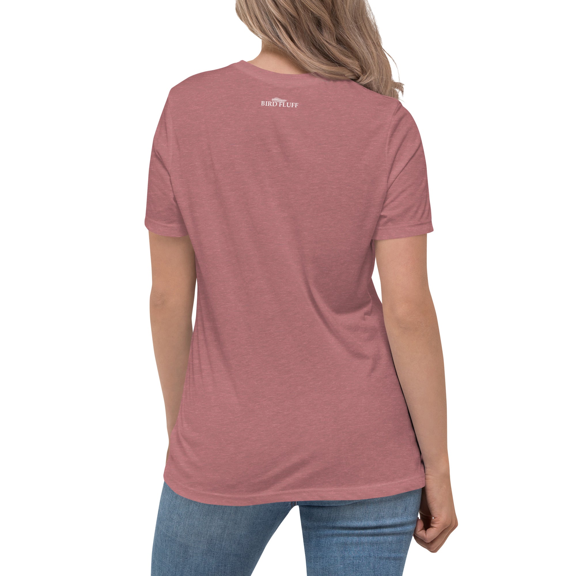 Mauve women's bird t-shirt with the words Birdsong feeds my soul placed above and below a white graphic of 4 birds on a branch. Rear of shirt with small brand logo near collar.