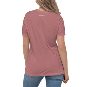 Mauve women's bird t-shirt with the words Birdsong feeds my soul placed above and below a white graphic of 4 birds on a branch. Rear of shirt with small brand logo near collar.