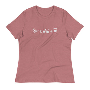 Mauve women's bird t-shirt celebrating bird watching and coffee with a graphic of binoculars, a bird, and a travel cup of coffee. 