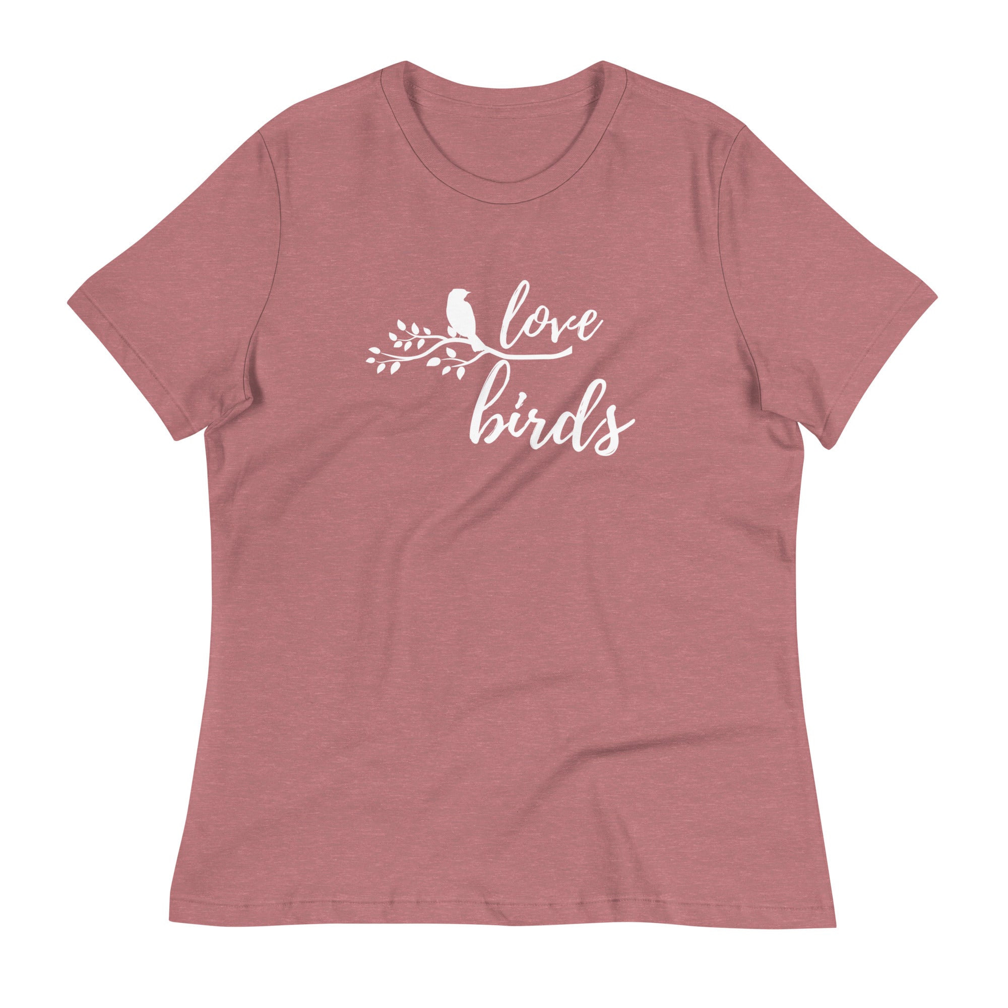 Heather mauve women's birding t-shirt with the words Love birds and a graphic of a bird on a branch in white. 