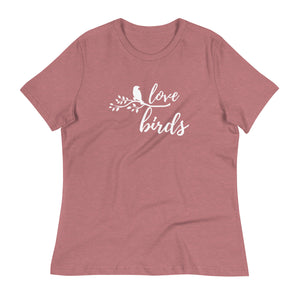 Heather mauve women's birding t-shirt with the words Love birds and a graphic of a bird on a branch in white. 