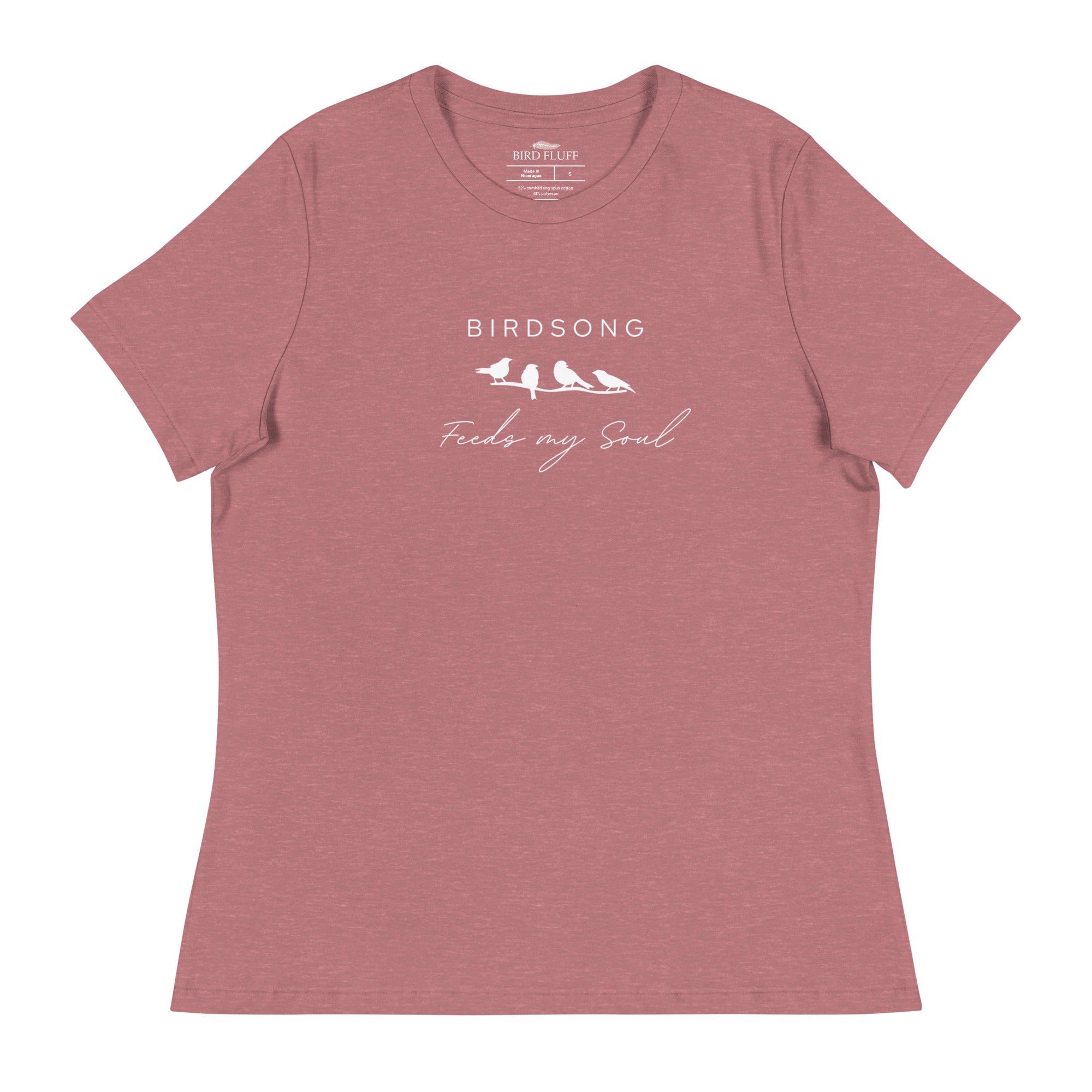 Heathered mauve women's bird t-shirt with the words Birdsong feeds my soul placed above and below a white graphic of 4 birds on a branch.