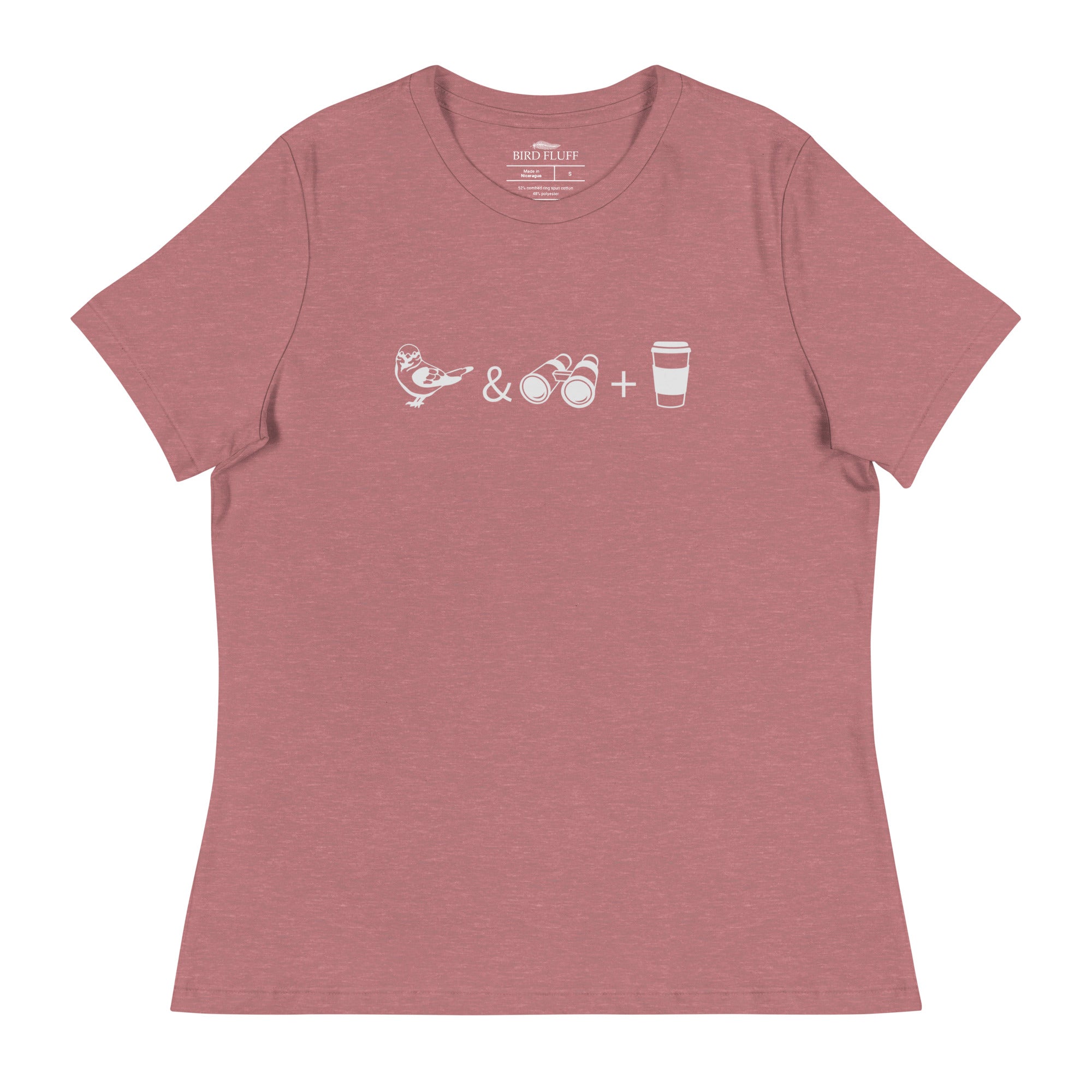 Heather mauve women's bird t-shirt celebrating bird watching and coffee with a graphic of binoculars, a bird, and a travel cup of coffee.