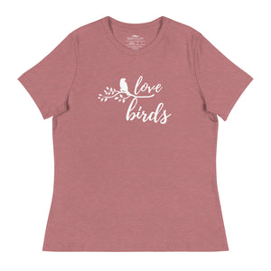 Heathered mauve women's birding t-shirt with the words Love birds and a graphic of a bird on a branch in white.