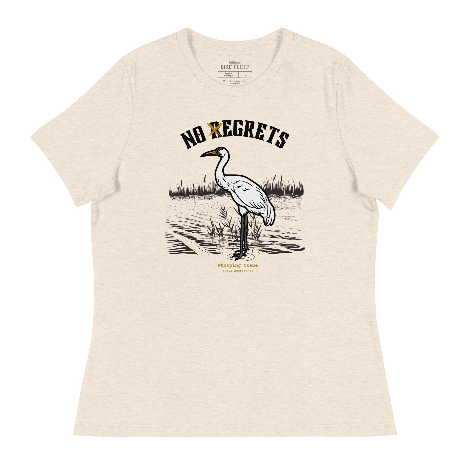 Natural weathered off white women's bird shirt featuring a play on the "No Regrets" tattoo that has the "R" crossed out to say "No Egrets" with a Whooping Crane below in a wetland setting. Worn by a woman.