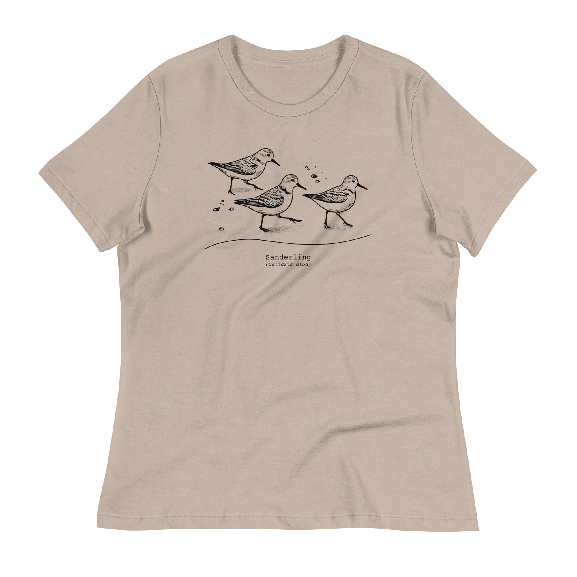 Light heather tan bird shirt featuring an illustration of a three sanderlings on a beach and the common and scientific names for the bird underneath.