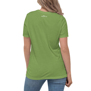 Light green women's bird t-shirt with a smiley face looking up and to the side at a flock of birds surrounded by the words, "Easily Distracted" above and, "Mostly by Birds" below. Rear of shirt shown with small brand logo near collar.