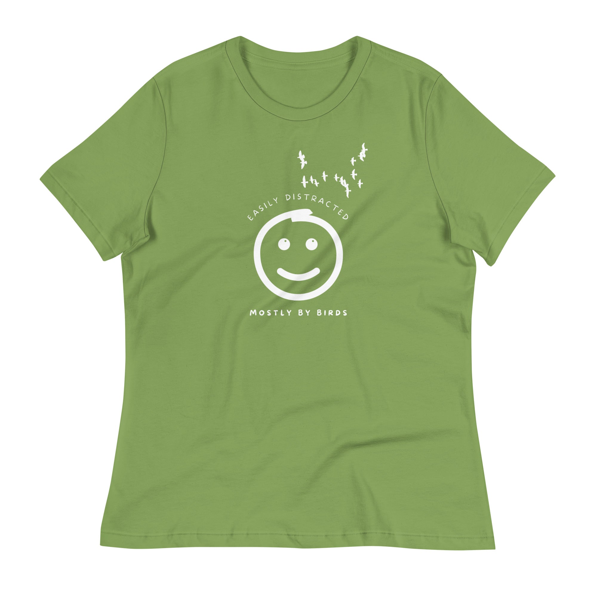 Light green women's bird t-shirt with a smiley face looking up and to the side at a flock of birds surrounded by the words, "Easily Distracted" above and, "Mostly by Birds" below.