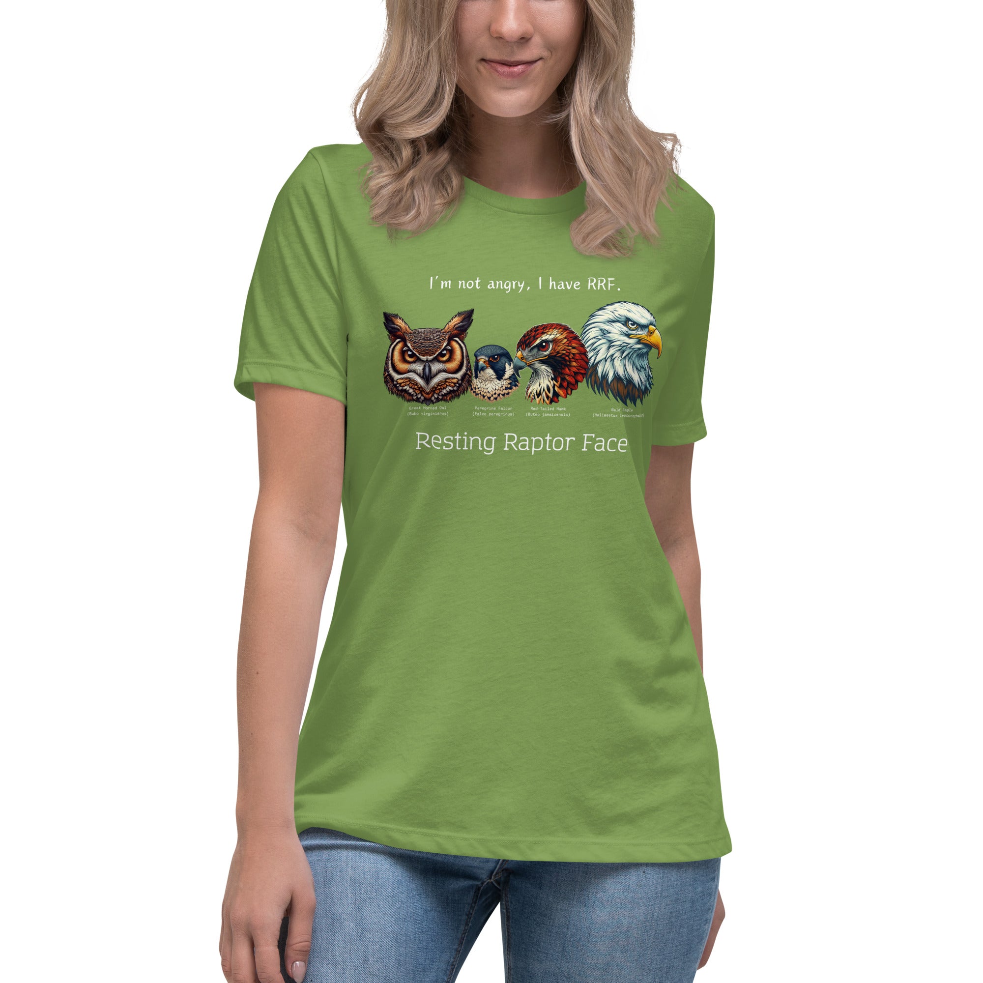 A green bird shirt with a great horned owl, a peregrine falcon, a red-tailed hawk and a bald eagle. The shirt has text that says, I'm not angry, I have RRF. Resting Raptor Face.