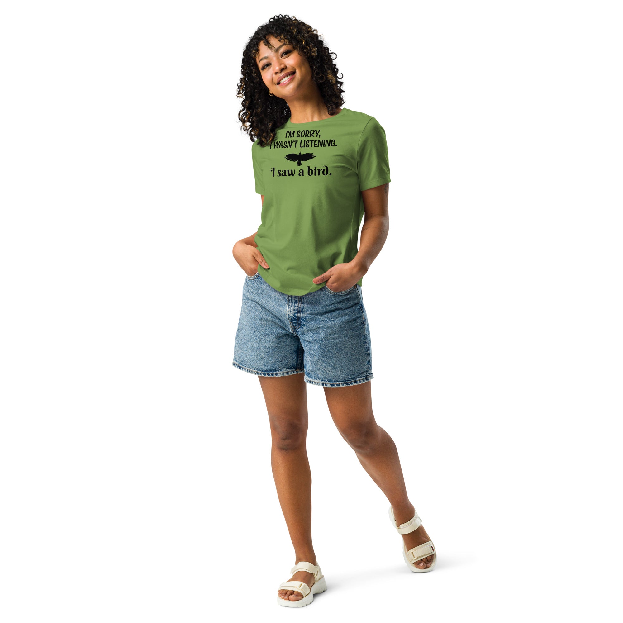 Light green women's bird t-shirt with the words I'm sorry I wasn't listening, I saw a bird. And a graphic of a bird flying.