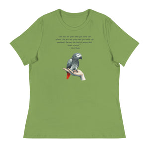 Green bird shirt with a Mark Twain woman who keeps parrot quote and a illustration of an african grey parrot perched on a hand beneath.