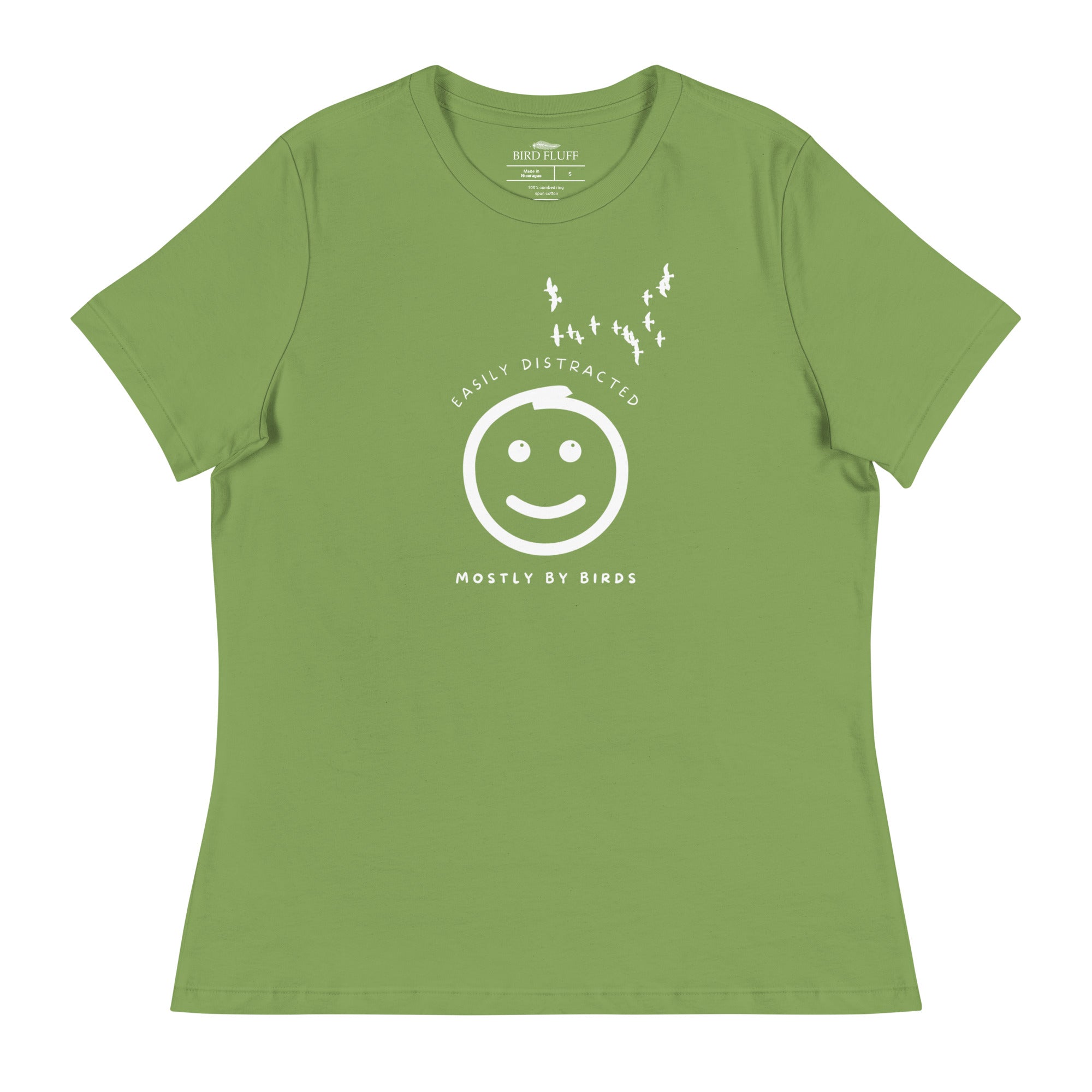 Leaf green women's bird t-shirt with a smiley face looking up and to the side at a flock of birds surrounded by the words, "Easily Distracted" above and, "Mostly by Birds" below.