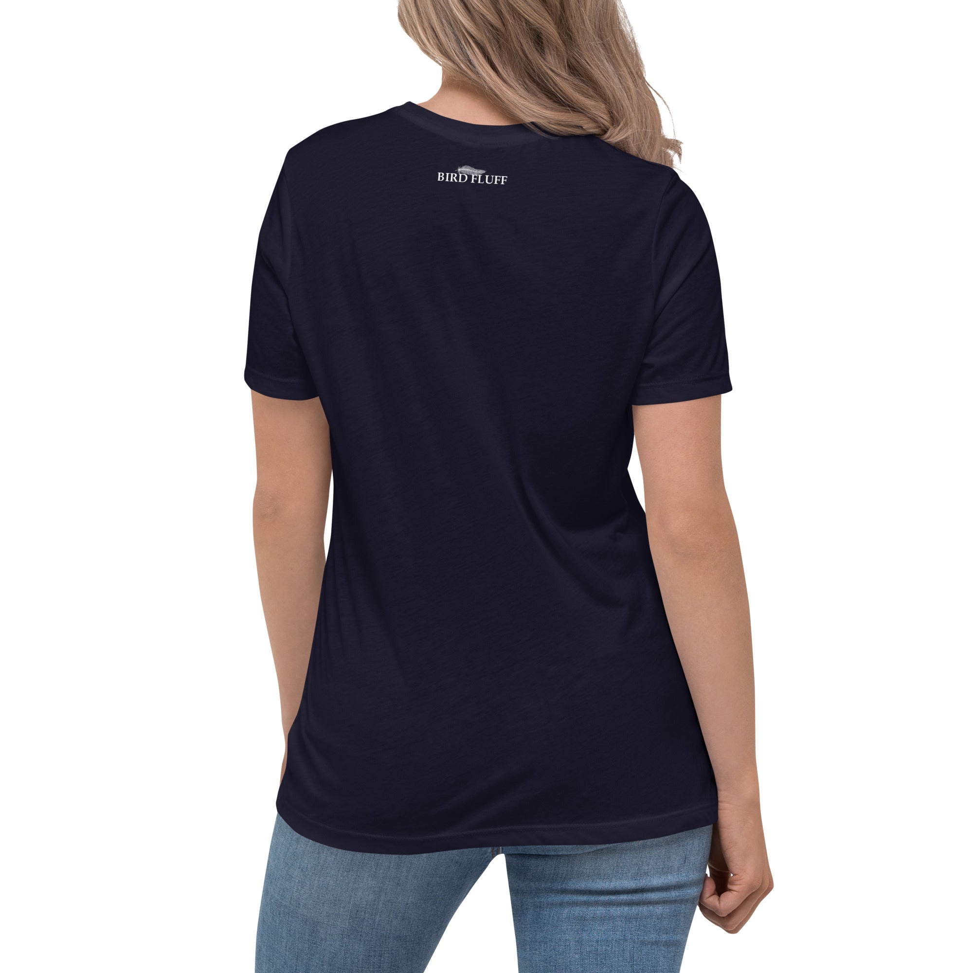 Navy bird shirt with a Mark Twain woman who keeps parrot quote and a illustration of an african grey parrot perched on a hand beneath. Rear of shirt shown with small brand logo near collar.