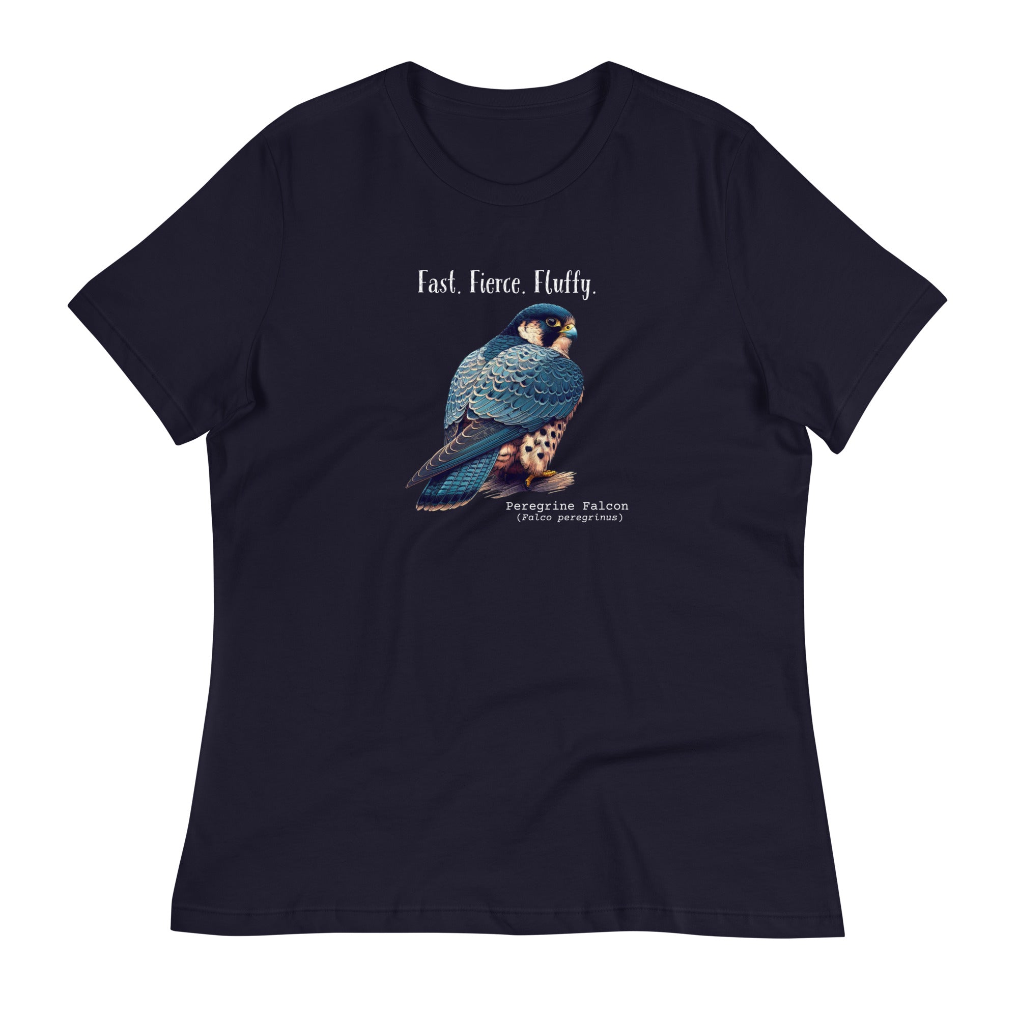 A navy blue women's bird shirt with the words, "Fast. Fierce. Fluffy" above an illustration of a peregrine falcon.