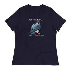 A navy blue women's bird shirt with the words, "Fast. Fierce. Fluffy" above an illustration of a peregrine falcon.