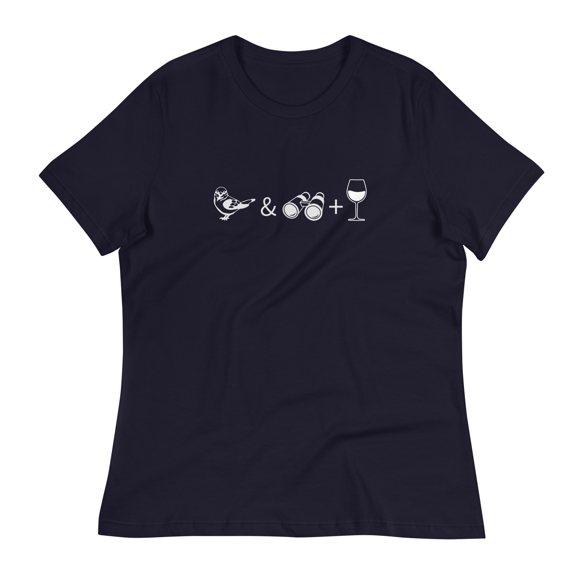 Navy blue women's bird t-shirt celebrating bird watching and wine drinking with a graphic of binoculars, a bird, and a glass of wine.