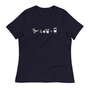 Navy blue women's bird t-shirt celebrating bird watching and coffee with a graphic of binoculars, a bird, and a travel cup of coffee.