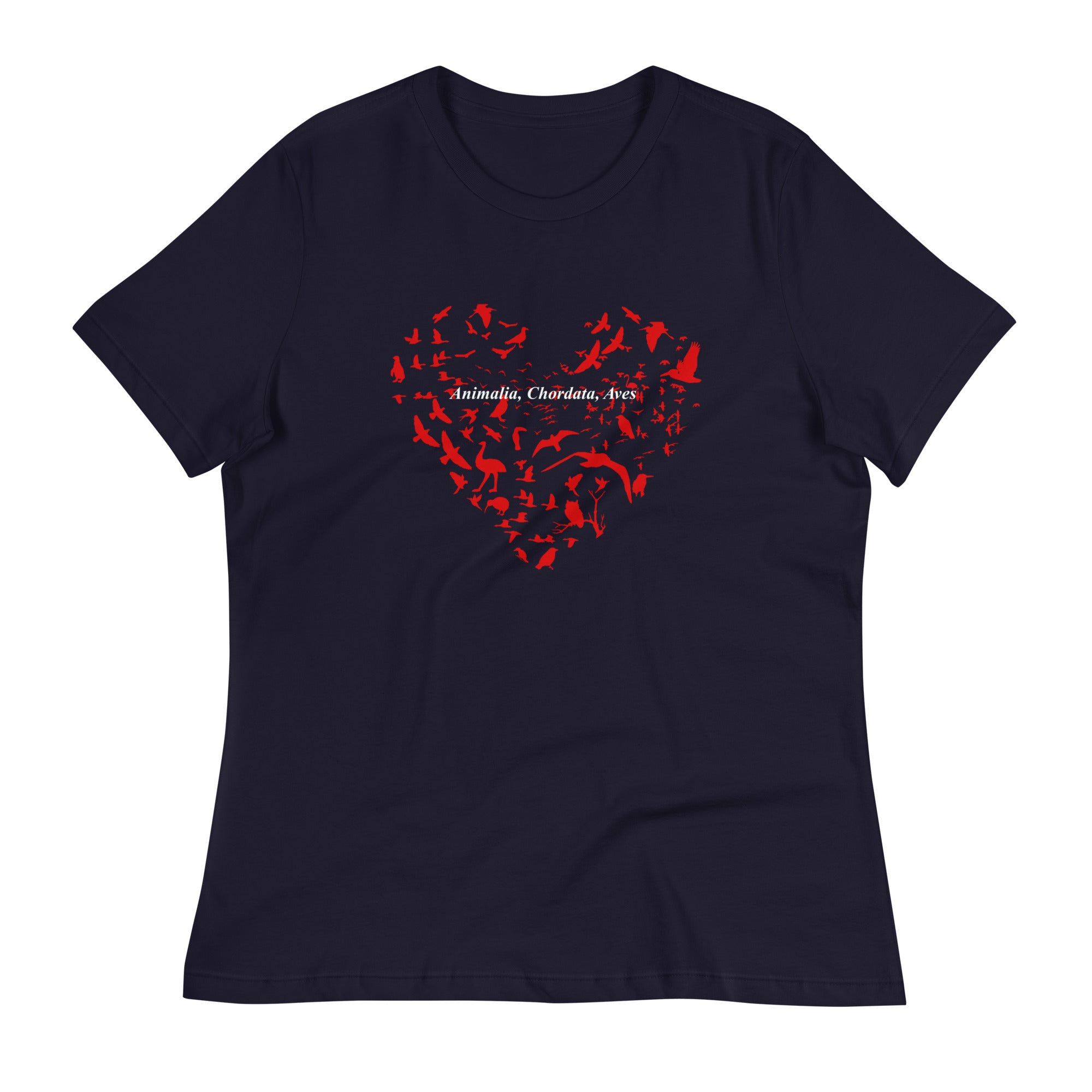 Navy blue women's bird t-shirt with a bird silhouettes of many different types of birds in red and arranged so they make a heart shape, on top of that the words, "Animalia, Chordata, Aves".