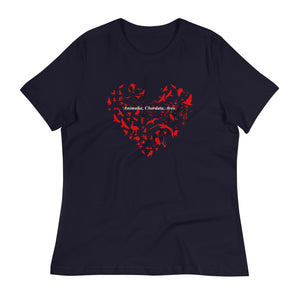 Navy blue women's bird t-shirt with a bird silhouettes of many different types of birds in red and arranged so they make a heart shape, on top of that the words, "Animalia, Chordata, Aves".