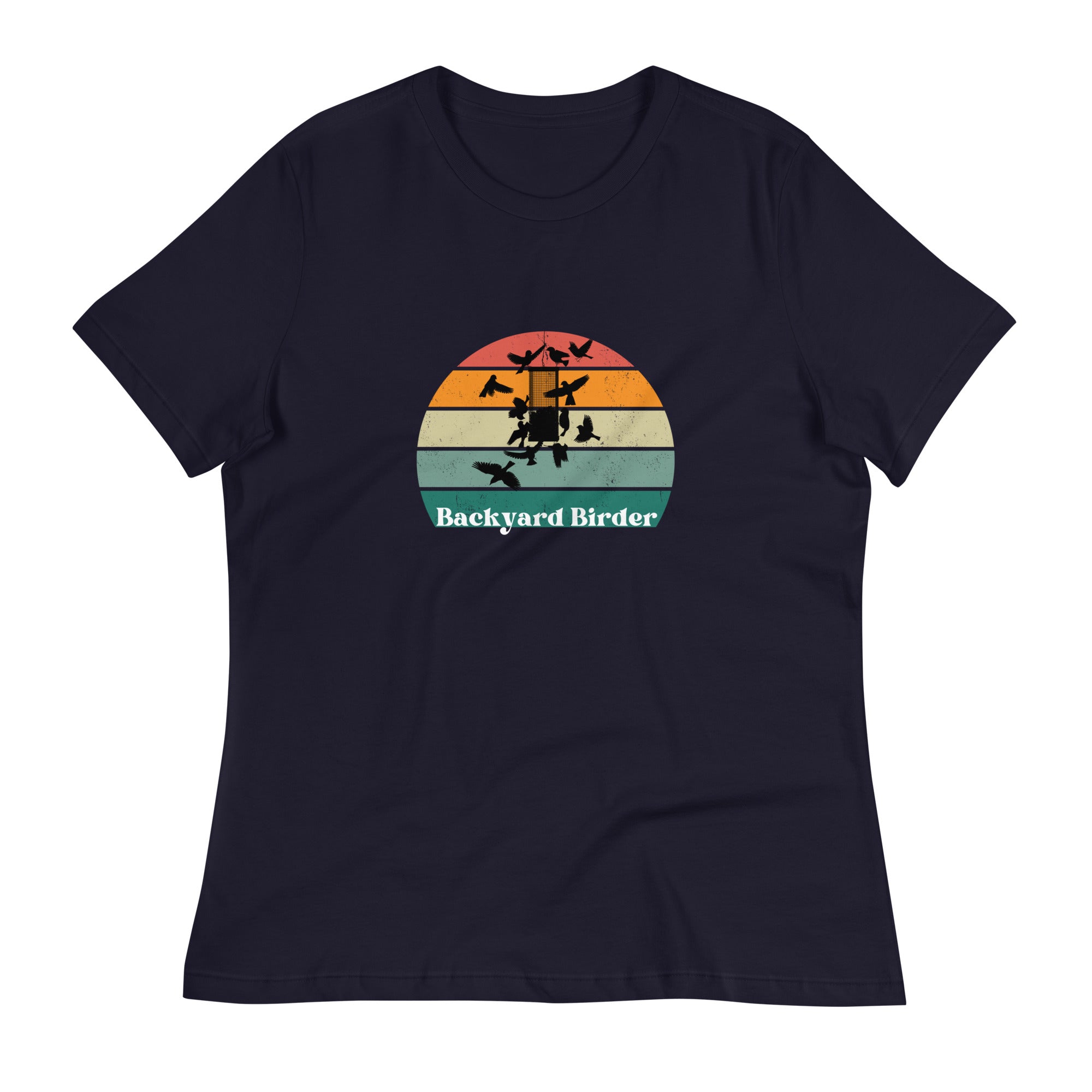 Navy blue women's bird shirt with a retro sun design outlining a bird feeder with the words Backyard Birder.