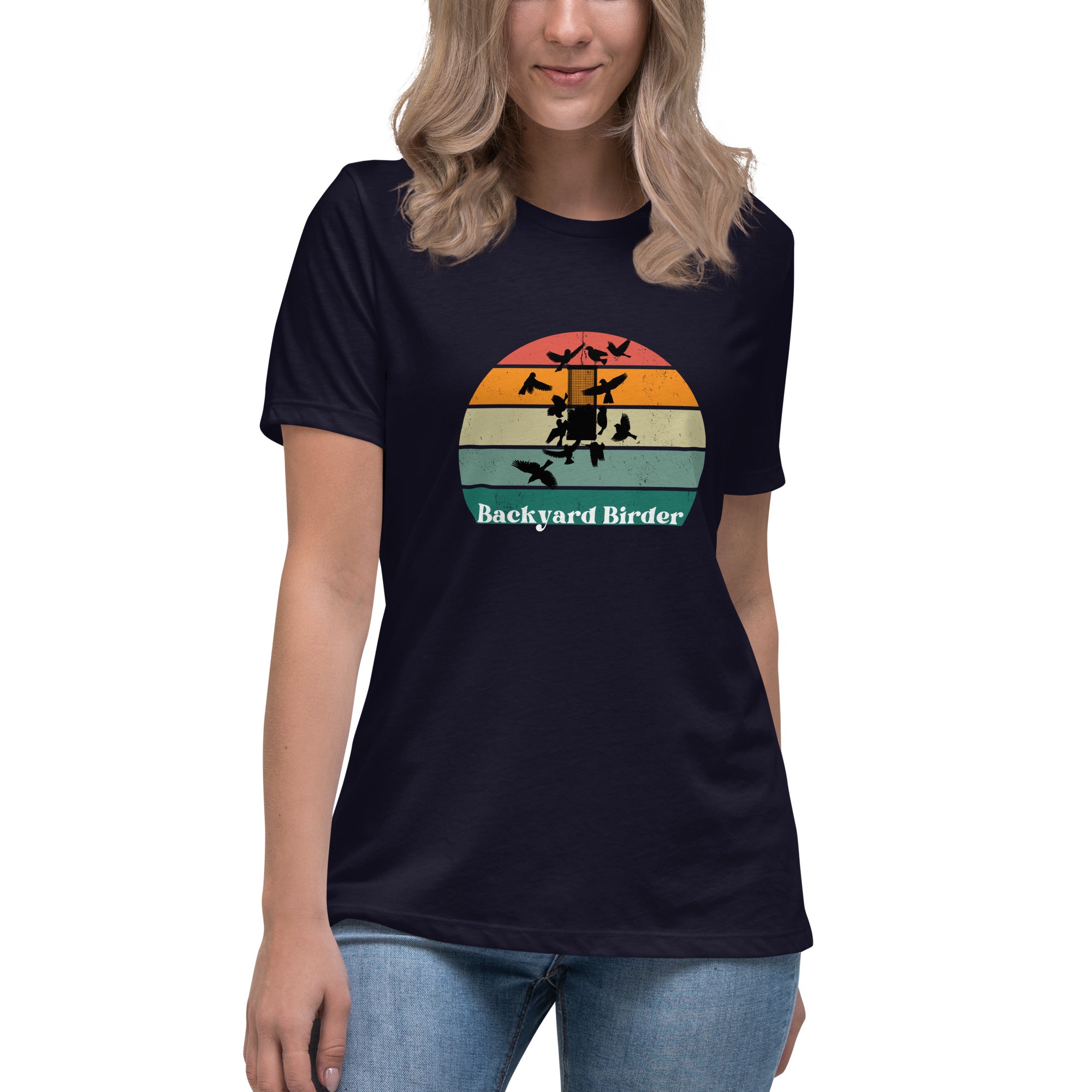 A black women's bird shirt with a retro sun design outlining a bird feeder with the words Backyard Birder.