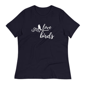 Navy blue women's birding t-shirt with the words Love birds and a graphic of a bird on a branch in white.