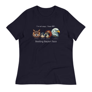 A navy blue bird shirt with a great horned owl, a peregrine falcon, a red-tailed hawk and a bald eagle. The shirt has text that says, I'm not angry, I have RRF. Resting Raptor Face.