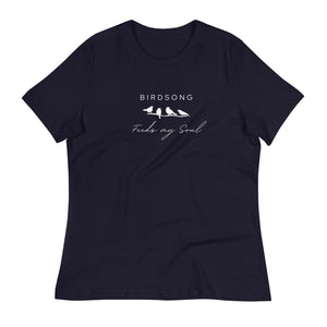 Navy blue women's bird t-shirt with the words Birdsong feeds my soul placed above and below a white graphic of 4 birds on a branch.