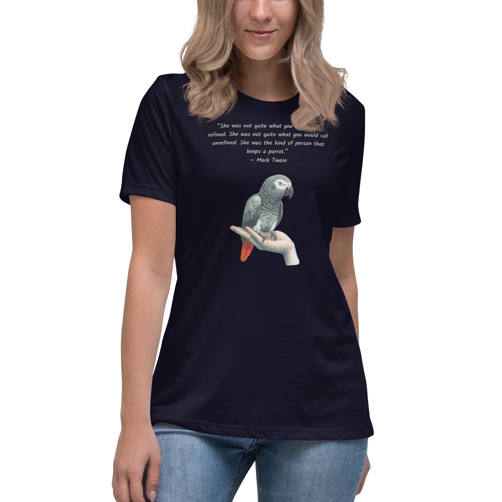 Green bird shirt with a Mark Twain woman who keeps parrot quote and a illustration of an african grey parrot perched on a hand beneath. 