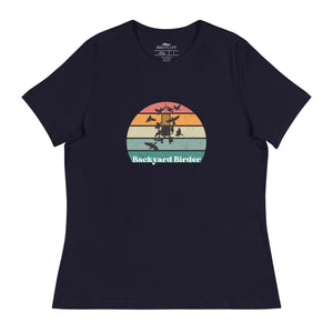 Navy blue women's bird shirt with a retro sun design outlining a bird feeder with the words Backyard Birder.