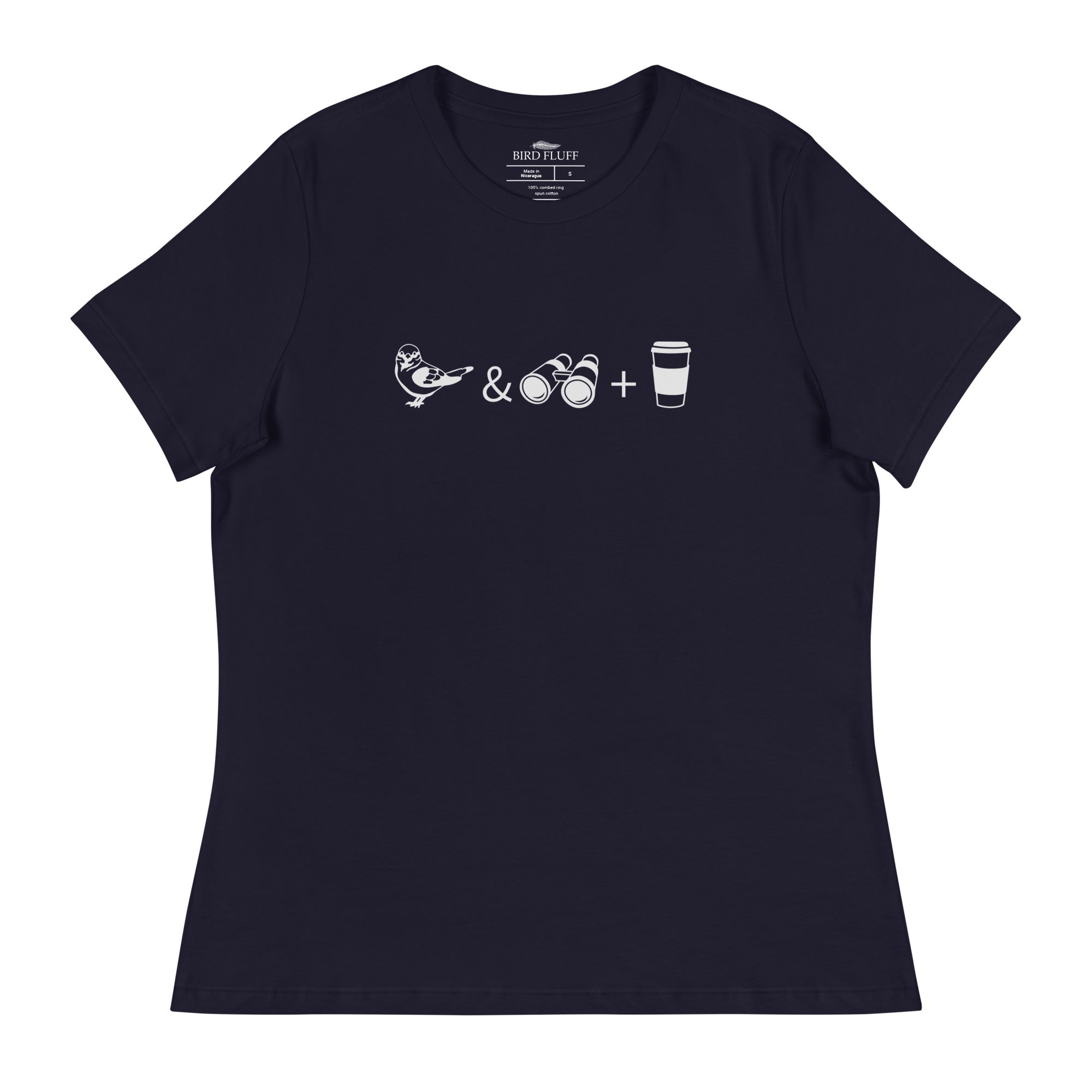 Navy blue women's bird t-shirt celebrating bird watching and coffee with a graphic of binoculars, a bird, and a travel cup of coffee.