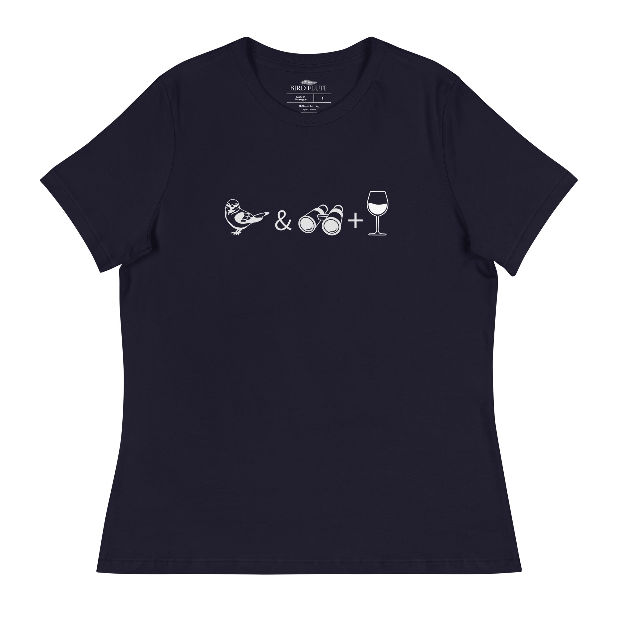 Navy blue women's bird t-shirt celebrating bird watching and wine drinking with a graphic of binoculars, a bird, and a glass of wine.