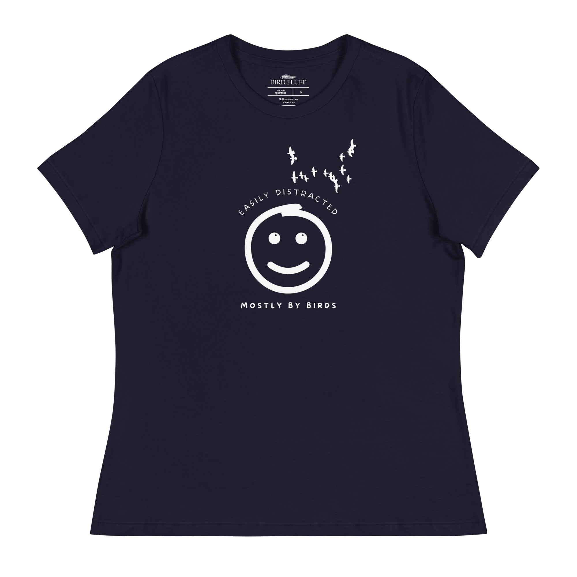 Navy blue women's bird t-shirt with a smiley face looking up and to the side at a flock of birds surrounded by the words, "Easily Distracted" above and, "Mostly by Birds" below.