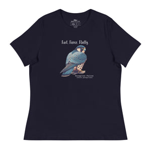 A navy blue women's bird shirt with the words, "Fast. Fierce. Fluffy" above an illustration of a peregrine falcon.