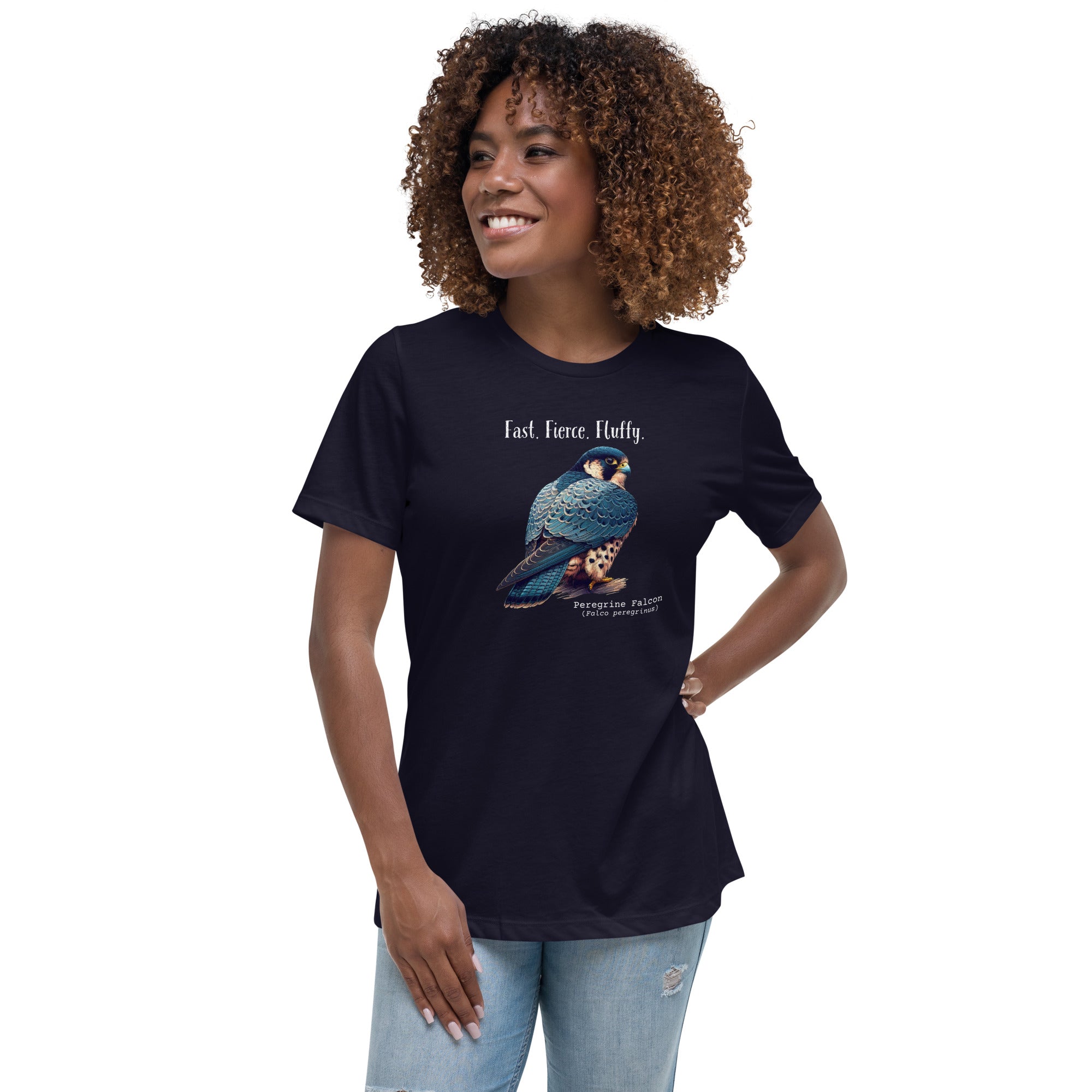 A navy blue women's bird shirt with the words, "Fast. Fierce. Fluffy" above an illustration of a peregrine falcon. Worn by a woman.