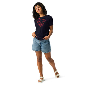 Navy blue women's bird t-shirt with a bird silhouettes of many different types of birds in red and arranged so they make a heart shape, on top of that the words, "Animalia, Chordata, Aves". Worn by a woman.