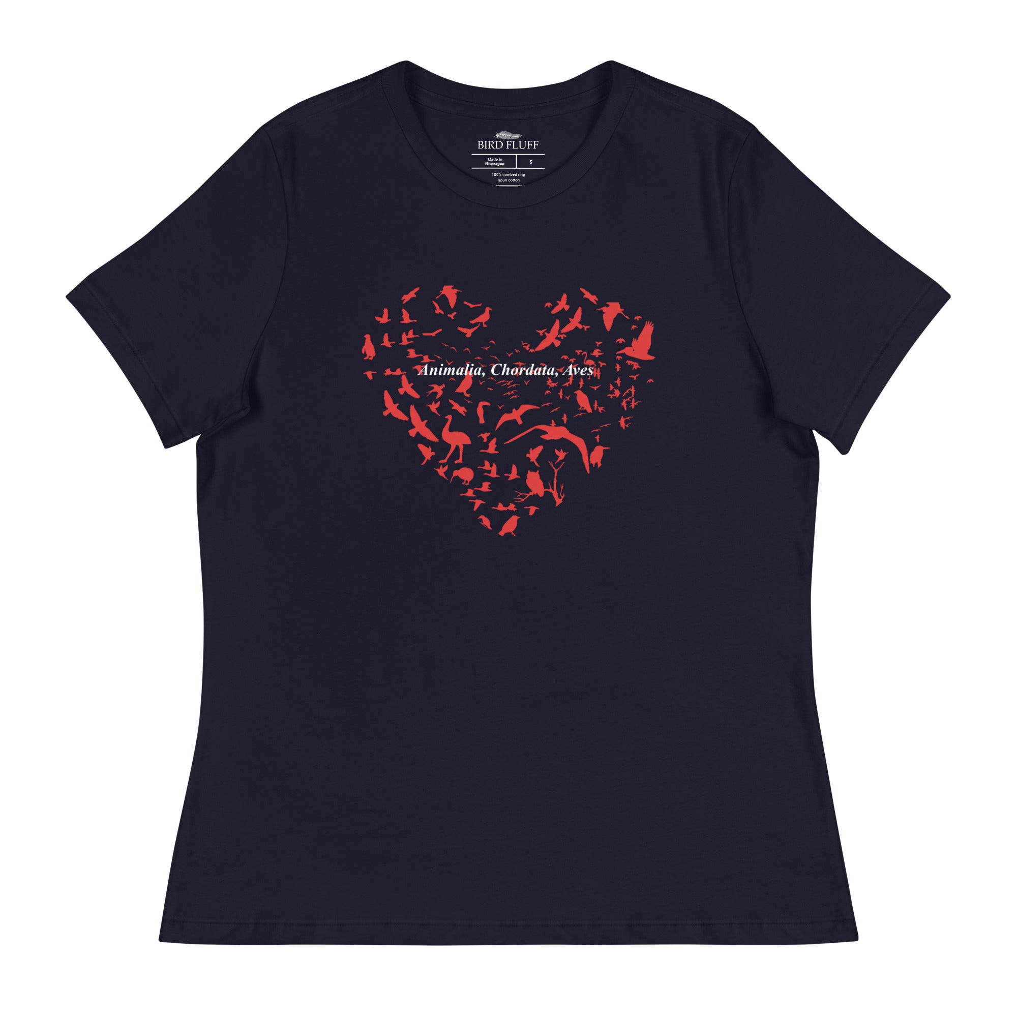 Navy blue women's bird t-shirt with a bird silhouettes of many different types of birds in red and arranged so they make a heart shape, on top of that the words, "Animalia, Chordata, Aves". 