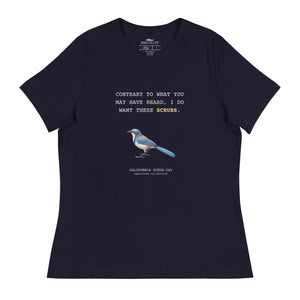 Navy blue women's bird shirt with the words I want these scrubs on the front above an illustration of a California scrub-jay.