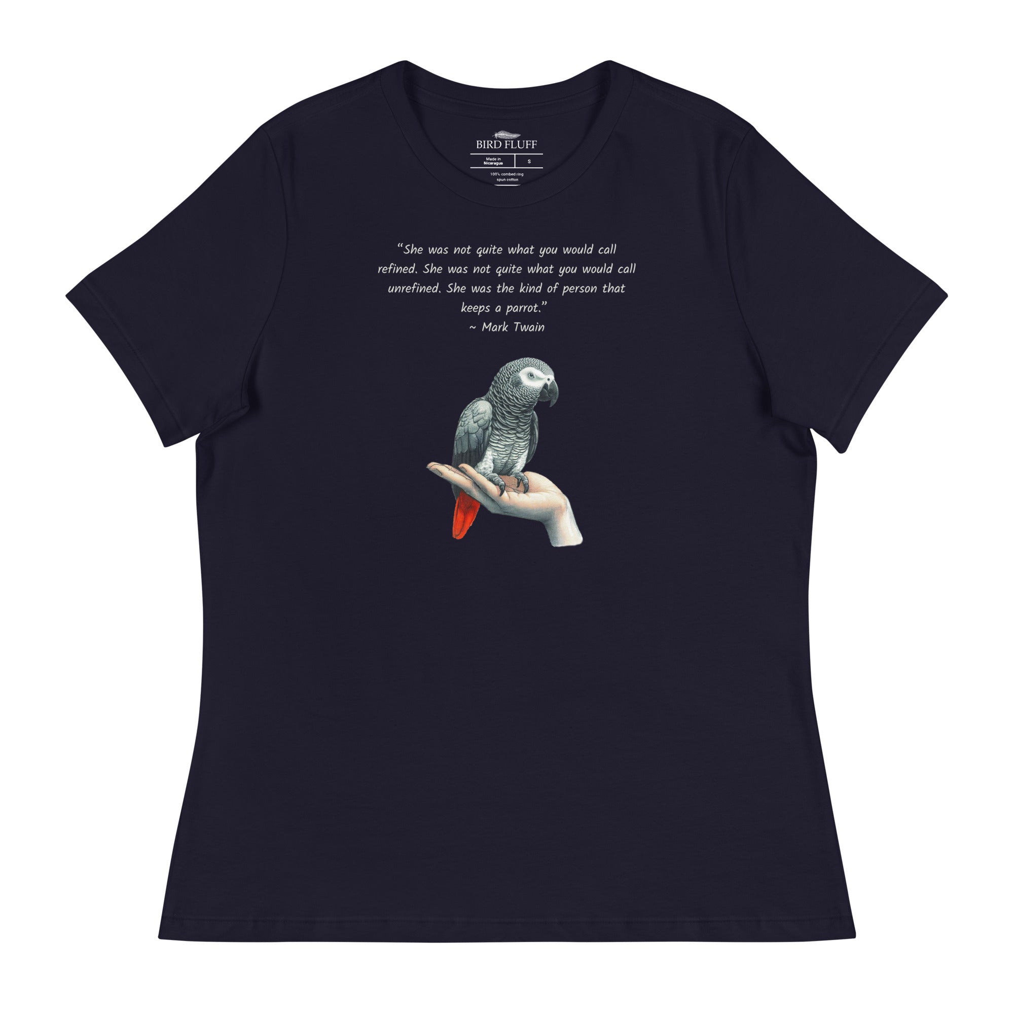 Navy bird shirt with a Mark Twain woman who keeps parrot quote and a illustration of an african grey parrot perched on a hand beneath.