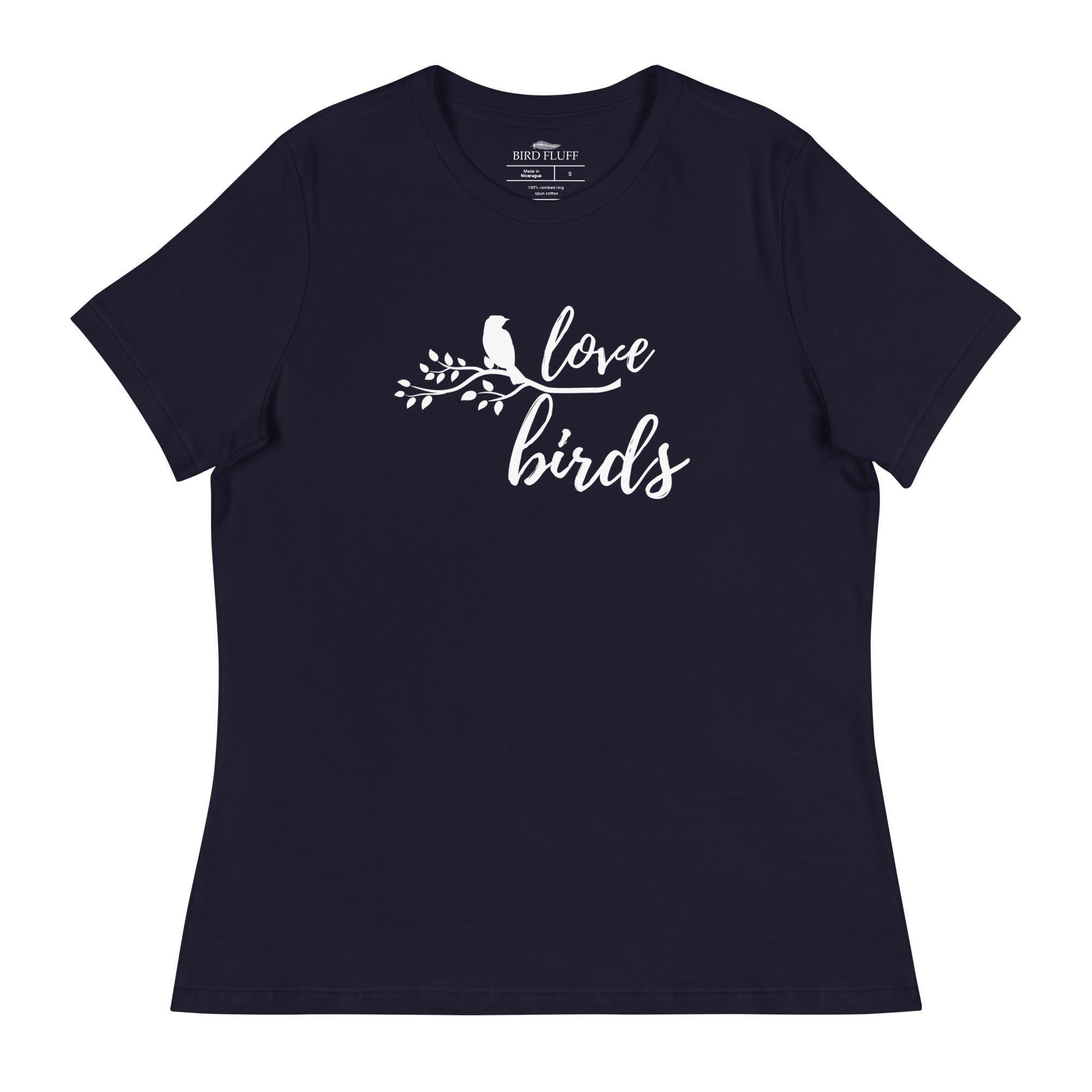 Navy blue women's birding t-shirt with the words Love birds and a graphic of a bird on a branch in white.