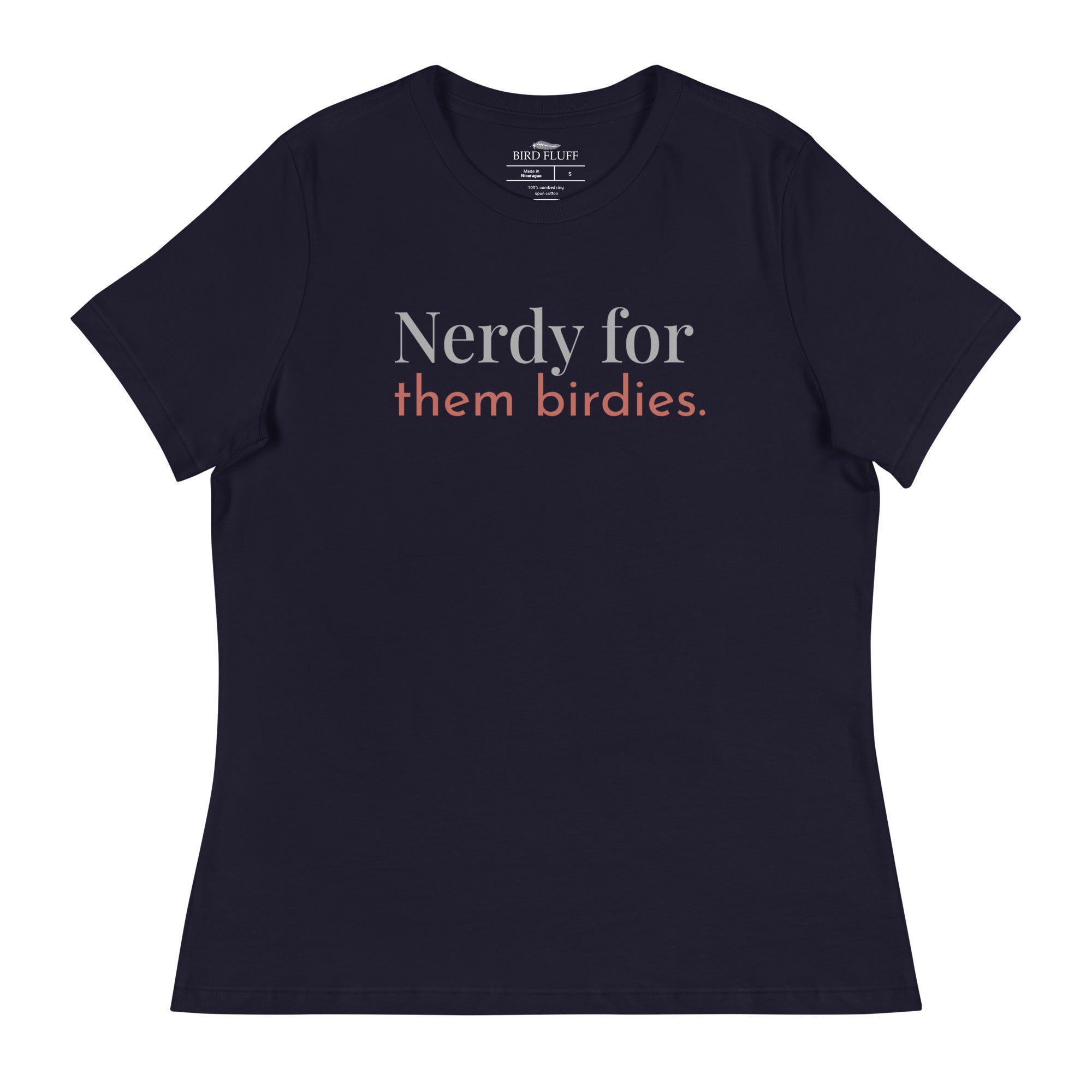 Navy blue women's bird shirt with the words Nerdy for them birdies on the front in two coordinating fonts and colors. 