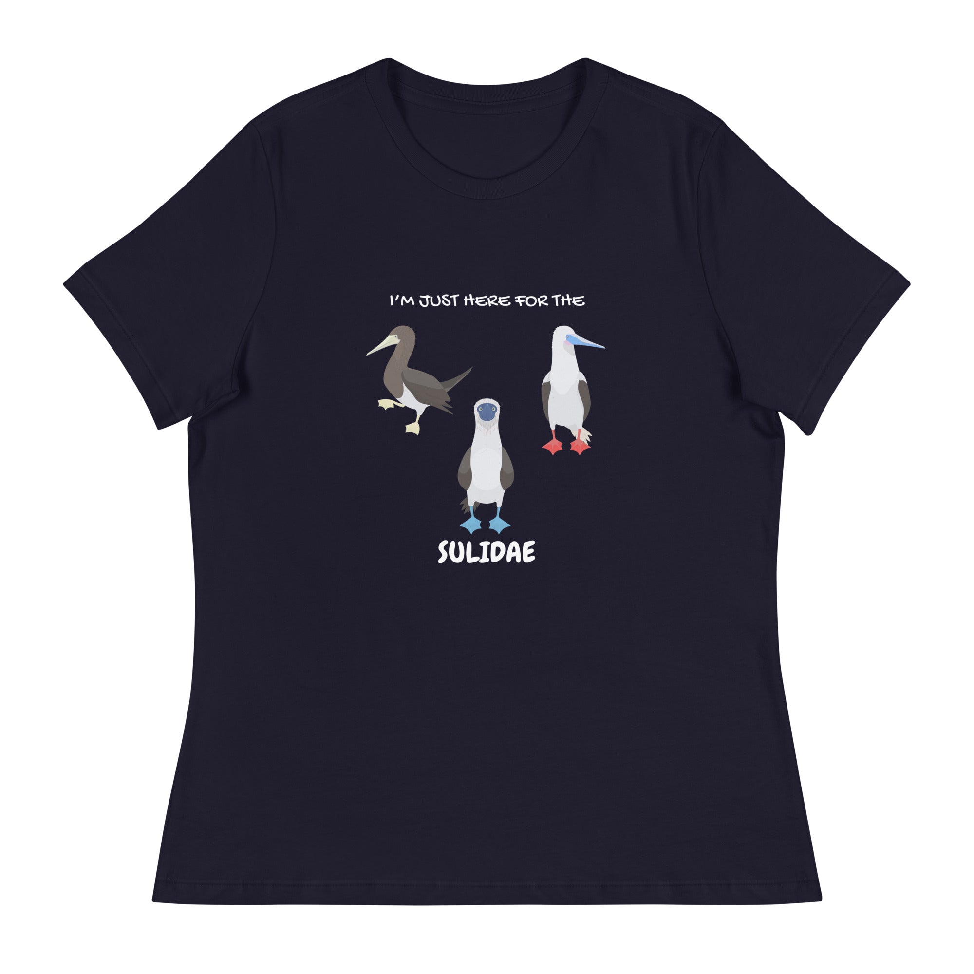 Navy women's fit birder shirt with a red-footed, blue-footed and brown booby on it, but referencing only the scientific family name for the bird.