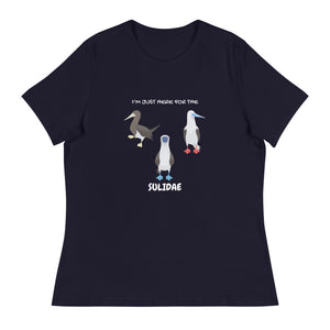 Navy women's fit birder shirt with a red-footed, blue-footed and brown booby on it, but referencing only the scientific family name for the bird.