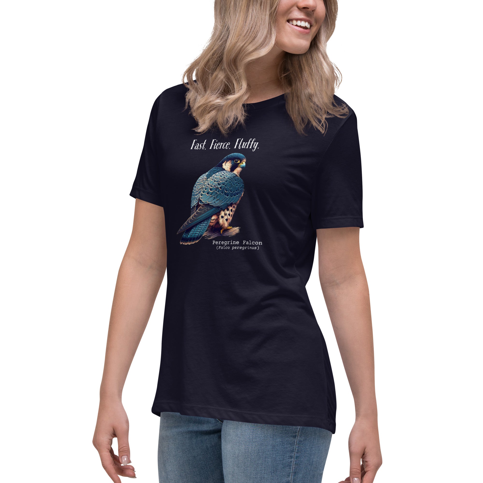 A black women's bird shirt with the words, "Fast. Fierce. Fluffy" above an illustration of a peregrine falcon.